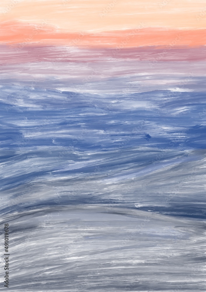 Minimalistic simple landscape abstraction: sunset or sunrise over a lake or mountains in oil paint style