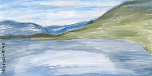 Minimalistic simple landscape abstraction in oil paint style: sky, mountains and lake