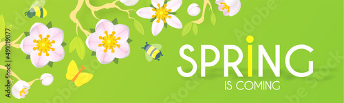 Spring is comming. Cute flower design with apple tree blossom, butterflies and bees