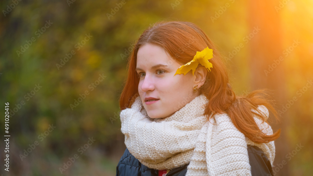 portrait of a red - haired smiling girl in a jacket and scarf with her hair down and maple leaves behind her ear . against the background of autumn nature, the concept of human emotion portrait of a red - haired smiling girl in a jacket and scarf with her hair down and maple leaves behind her ear . against the background of autumn nature, the concept of human emotion