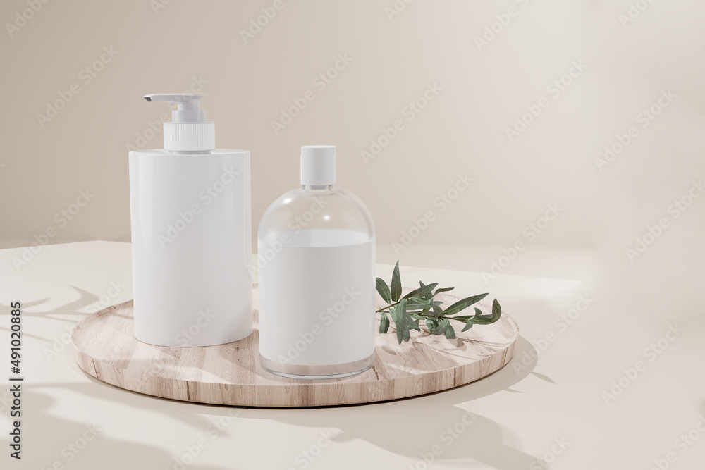 3D render mock up, a set of Aroma spa products container on a natural Wooden plate 3D render mock up, a set of Aroma spa products container on a natural Wooden plate