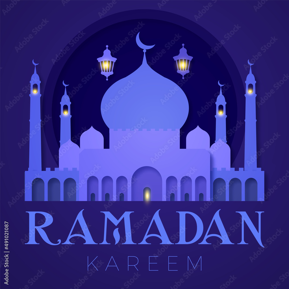 Ramadan Kareem background with mosque silhouette. Islamic holiday design.