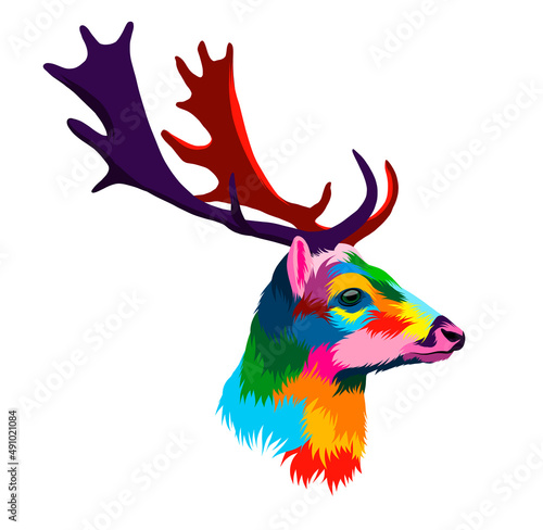 Abstract deer head portrait, cervus elaphus, dama dama from multicolored paints. Colored drawing. Vector illustration of paints