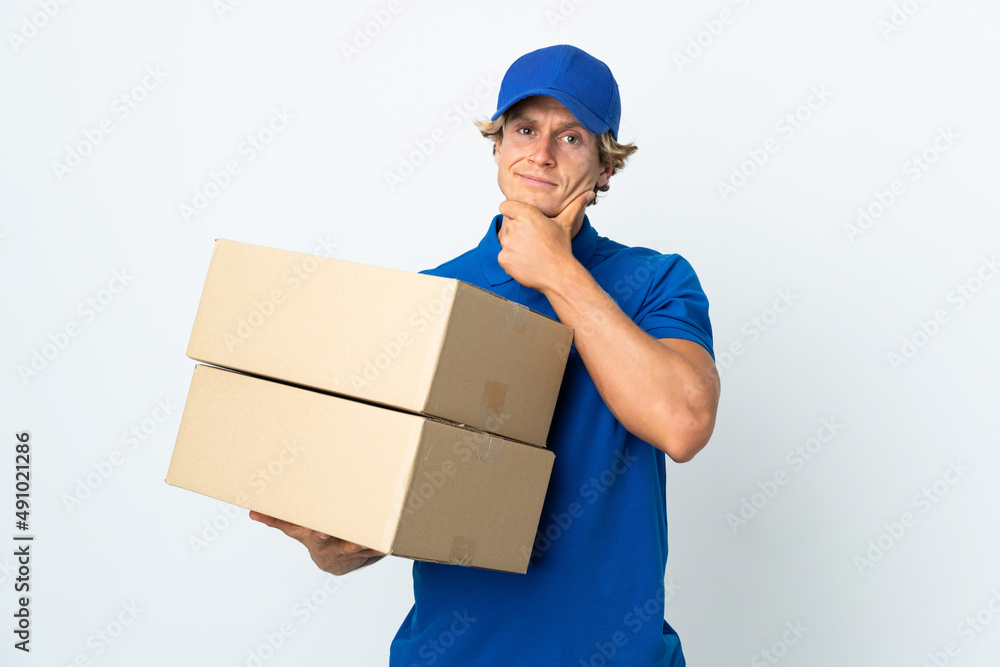 Delivery man over isolated white background thinking Delivery man over isolated white background thinking