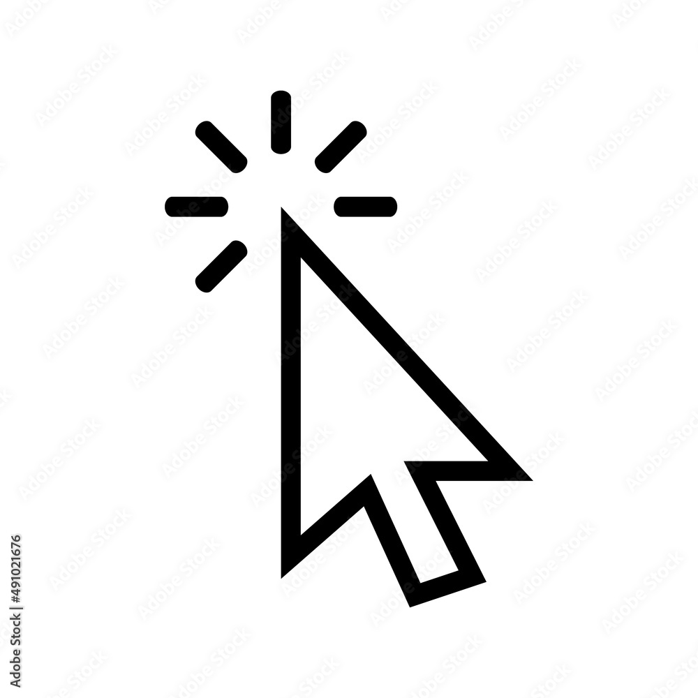 Pointer click icon. Mouse click arrow symbol isolated on white background. Web interface button. Vector illustration of flat style design. Pointer click icon. Mouse click arrow symbol isolated on white background. Web interface button. Vector illustration of flat style design.