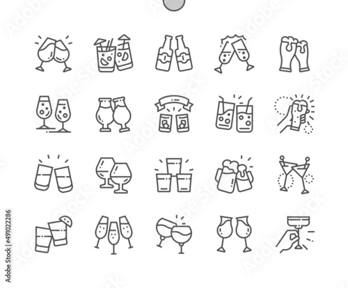 Cheers. Party and celebration. Beverage in glass. Pixel Perfect Vector Thin Line Icons. Simple Minimal Pictogram