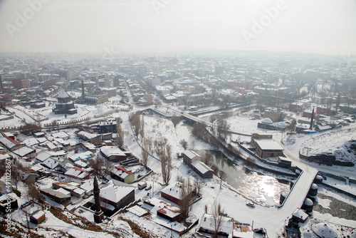 View of Kars city from above, a snowy day	 photo