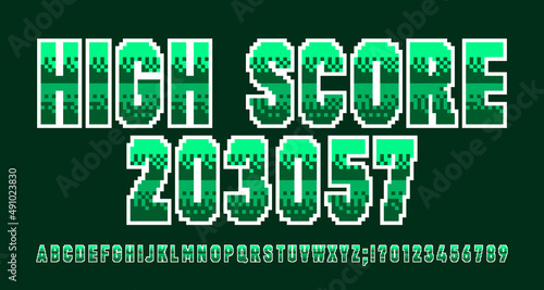 High Score alphabet font. Pixel letters and numbers. 80s arcade video game typeface.