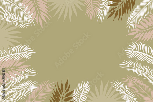 Banner template with beige color palm leaves. The background is tropical rectangular with a place for an inscription in the middle. Frame for text with palm leaves