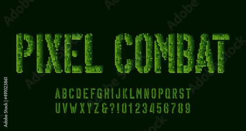 Pixel Combat alphabet font. Pixel camo letters and numbers. 80s arcade video game typeface.