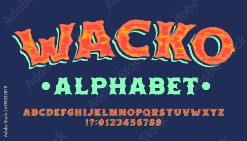 Wacko alphabet font. Multicolor handwritten messy letters and numbers. Stock vector typescript for your typography design.