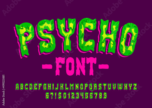 Psycho alphabet font. Vivid colors handwritten messy letters and numbers. Stock vector typescript for your typography design.