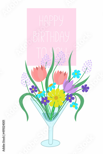 Greeting card with flowers for birthday. Vertical greeting card for a woman. Bouquet of spring flowers hand drawn. Vector illustration