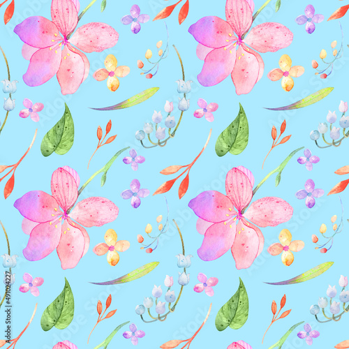 Blooming midsummer seamless pattern. Plant background for fashion, wallpapers, print. A lot of different flowers on the pasture. Liberty style millefleurs. Trendy floral design. Flower scape bloom