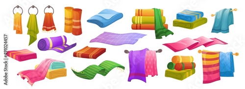 Bath towel. Cartoon folded napkin, cotton handkrief and kitchen textile set. Vector stack of fabric towels
