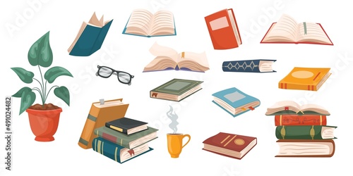 School books. Cartoon education library and notebooks, open and closed books in stacks. Vector isolated set