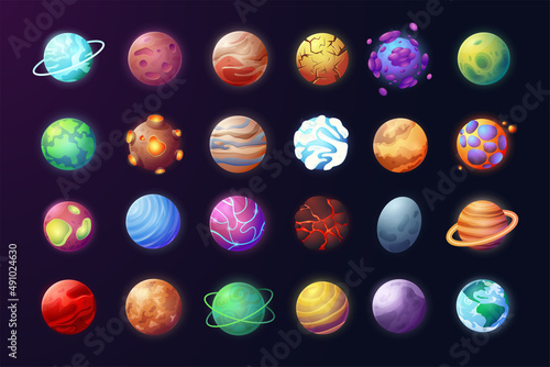 Cartoon planets. Space game objects, colorful planets for science fiction game. Vector astronomy set