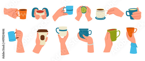 Hands with coffee. Hot drinks in glass and paper cups, woman hands with tea, and late. Vector isolated set