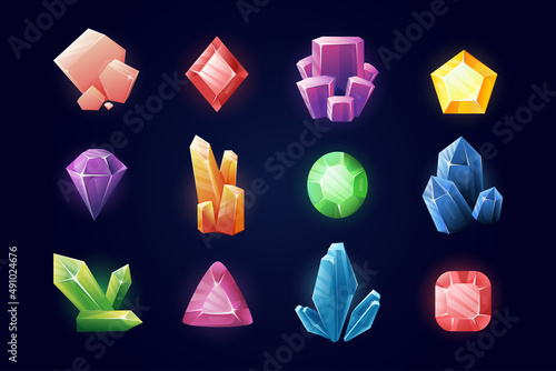 Cartoon gemstones. Fantasy treasure stones and magic jewels, game . Vector set