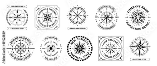 Compass vintage logo. Travel and explore cartography symbol, emblems with wind rose and direction arrows. Vector set