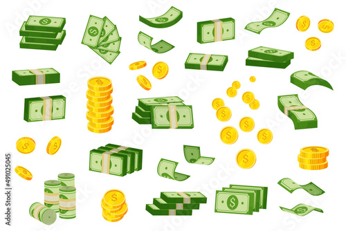 Cash and coins. Cartoon piles and stacks of coins and green banknotes, money cash and bank currency vector concept