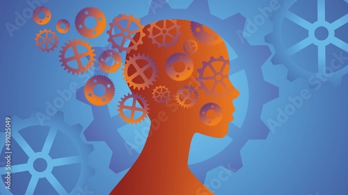 Human profile with gear wheels. Dimension 16:9. Vector illustration.