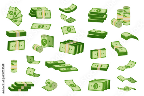 Stack of money. Cartoon piles of green banknotes, bundles of green cash. Vector money set