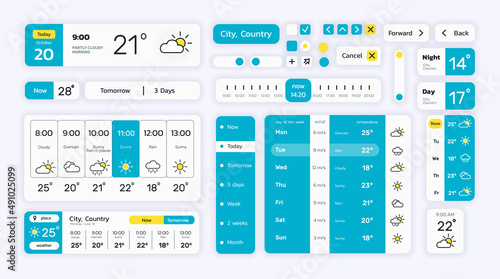 Weather forecast . Web and mobile application graphic user interface kit with weather icons. Vector set