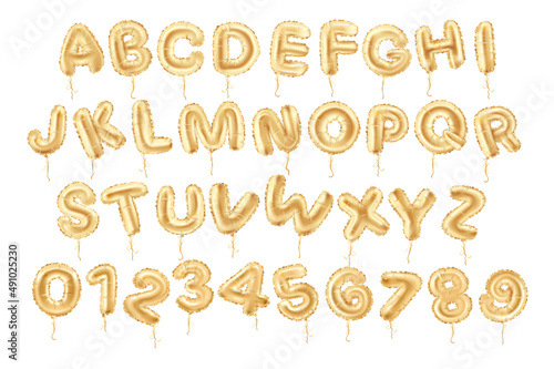 Realistic balloon alphabet. Foil letters and numbers   anniversary event and party decorative typeface. Vector set