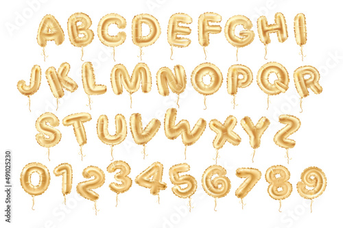 Realistic balloon alphabet. Foil letters and numbers , anniversary event and party decorative typeface. Vector set