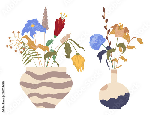 Set of Hand Drawn Illustrations - vases and spring flowers, home decor, flower bouquets, elegant floral arrangements.