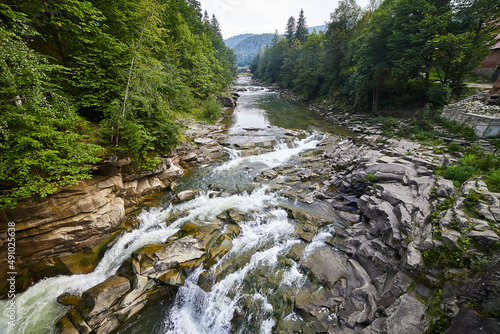 The mountain river Prut and waterfalls Probiy in Yaremche, Carpathians, Ukraine photo