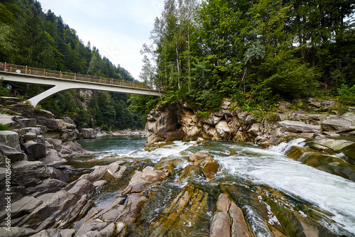 The mountain river Prut and waterfalls Probiy in Yaremche, Carpathians, Ukraine photo