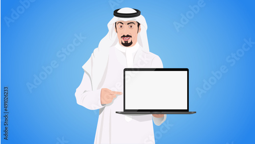 Saudi Man Holding Laptop With Smiley Face 