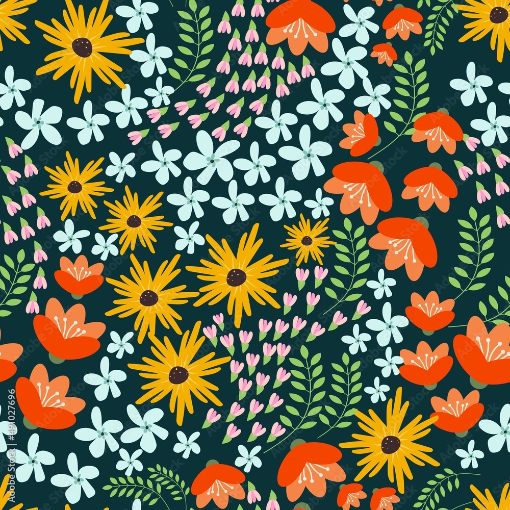 Fototapeta premium Seamless pattern with plants, flowers and leaves on a dark background