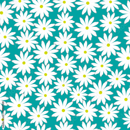 White daisies on a blue background. Trendy seamless vector floral pattern for clothing and interior décor. Summer and spring motives.