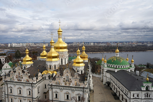 Monastery with golden cupola on the hill, Pechersk Lavra, orthodox monastic complex, known for its network of catacombs, Kyiv, Ukraine