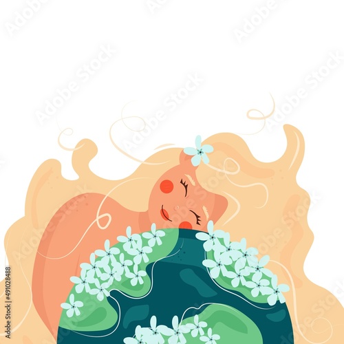 Slika na platnu Cute beautiful blonde girl in cartoon style hugging the earth with flowers on a