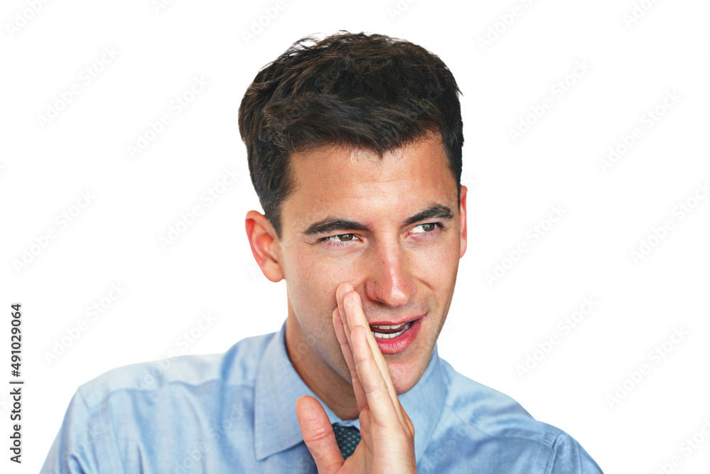 Sharing some business secrets. Studio shot of a young businessman telling a secret against a white background. Sharing some business secrets. Studio shot of a young businessman telling a secret against a white background.