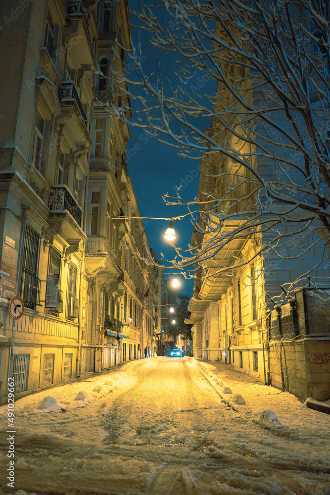 streets of Istanbul on winter. winter landscape in İstanbul. Winter landscape covered with snow. New Year`s landscape. Dramatic wintry scene.
