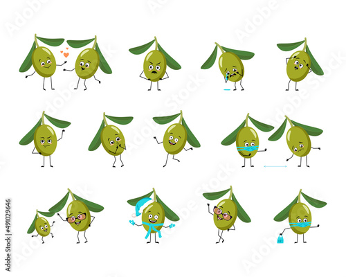 Olive character with happy emotion, joyful face, smile eyes, arms and legs. Person with expression, fruit emoticon. Vector flat illustration