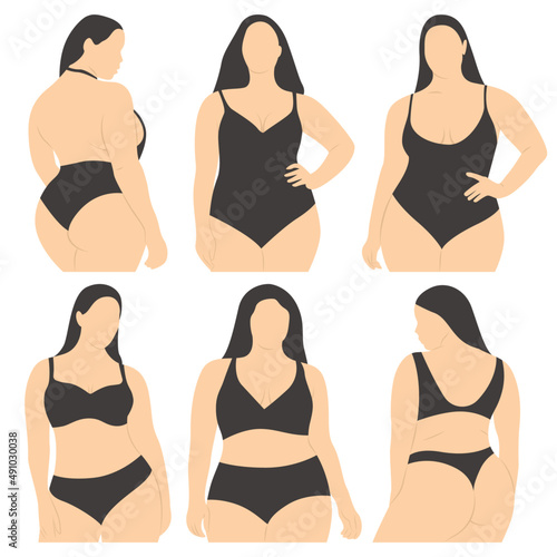 Silhouette of woman in black underwear. Set with women in bikini.