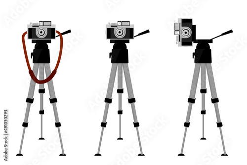 Simple Vector Set 3, Vintage Camera at Tripod, Isolated on White