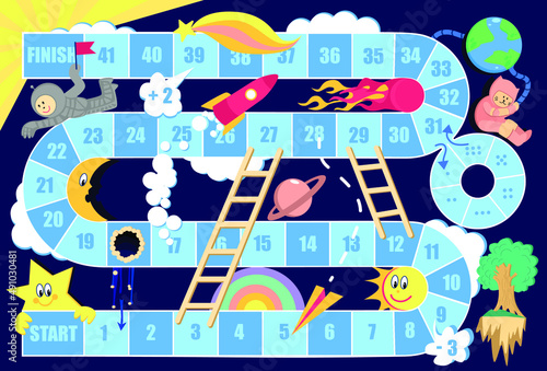 Galaxy Board Game with space planets and astronauts step by step. Adventure game with block path, road with numbers, start and finish. Educational kids riddle for playschool, family leisure activity
