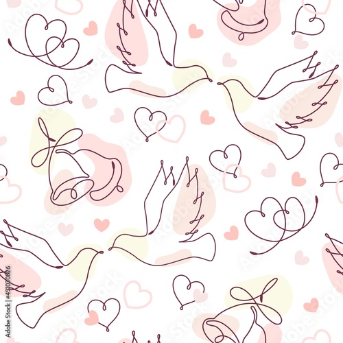 Seamless doodle pattern with linear romantic symbols and abstract shapes of pastel colors. Decoration for Wedding, Valentine day, Engagement events.