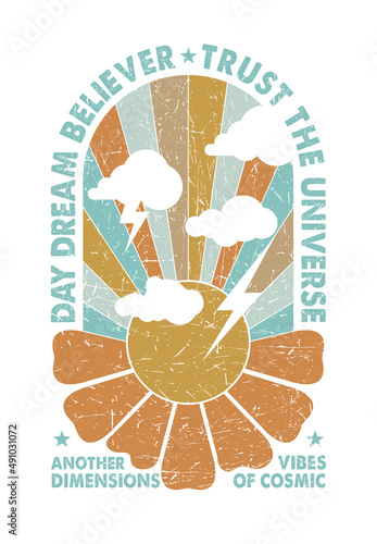cosmic vibes retro style poster print design with sun daisy clouds and stripes graphic elements