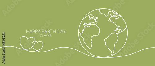 Happy earth day banner by white continuous single line drawing heart embrace and world map isolated on green background for banner in concept environment, ecology, eco friendly