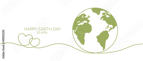 Happy earth day banner by green continuous single line drawing heart embrace and world map isolated on white background for banner in concept environment, ecology, eco friendly