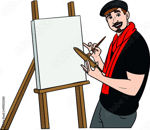 artist paints a picture with oil paint brush. Comic outline red scarf.