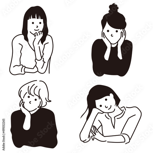 イラストベクター　頬杖　女性　ビジネス　線画